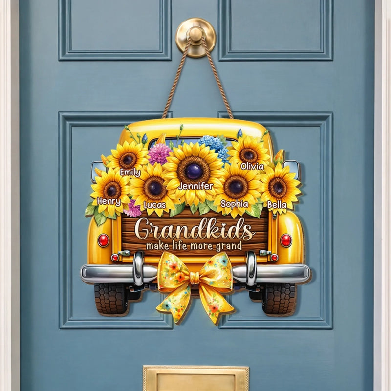 Custom Sunflower Wood Sign - Personalized Mother's Day Birthday Gifts For Mom, Grandma - Grandkids Make Every Trip Golden