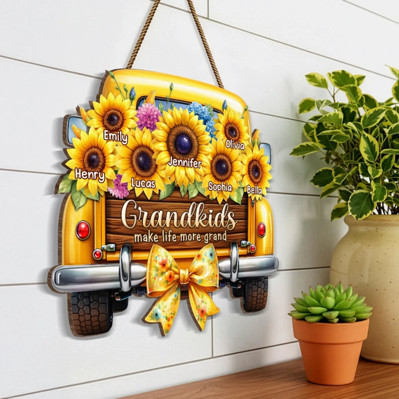 Custom Sunflower Wood Sign - Personalized Mother's Day Birthday Gifts For Mom, Grandma - Grandkids Make Every Trip Golden