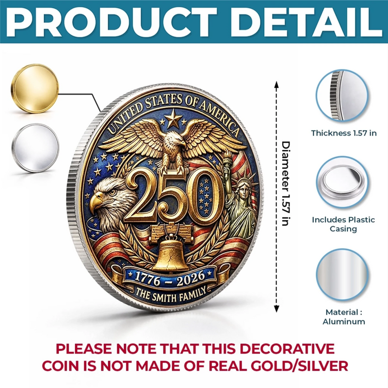Custom Commemorative Keepsake Coin - Personalized America 250th Anniversary Gifts For Mom, Dad, Brother, Sister, Kids - United By Freedom
