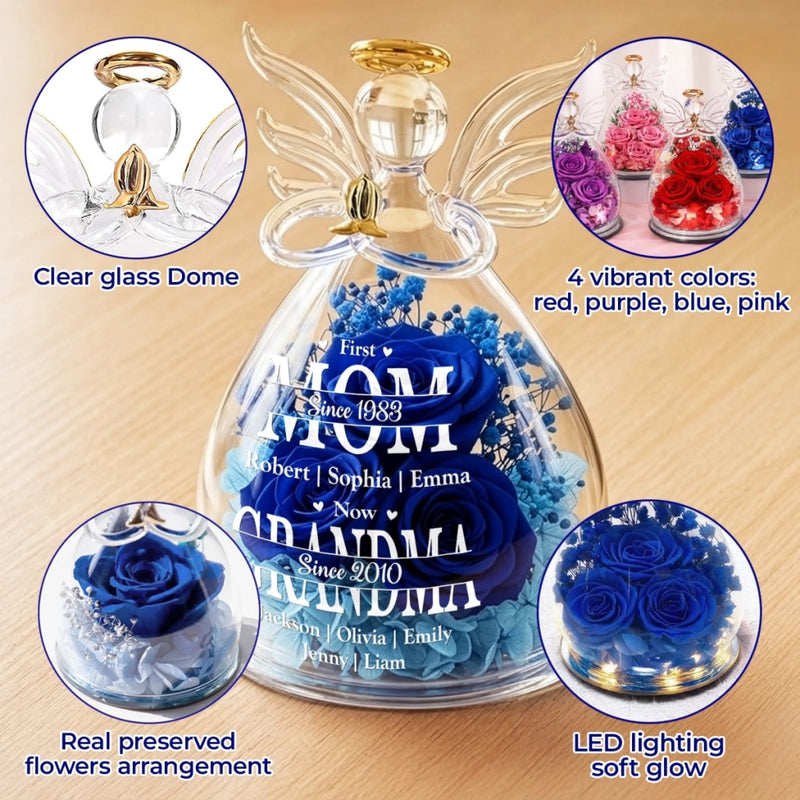 Custom Angel Glass Dome With Preserved Flowers - Personalized Mother's Day Birthday Gifts For Mom, Grandma - Love That Grows With Time