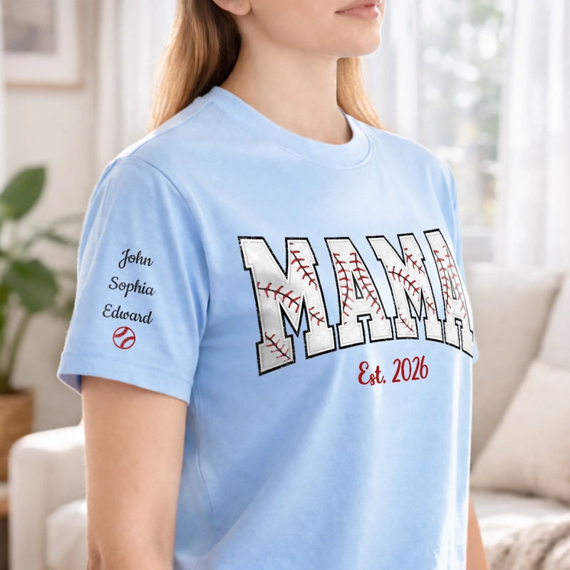 Custom Unisex T-Shirt With Design On Sleeve - Personalized Mother's Day Birthday Gifts For Mom, Grandma - Baseball Mama Mode On