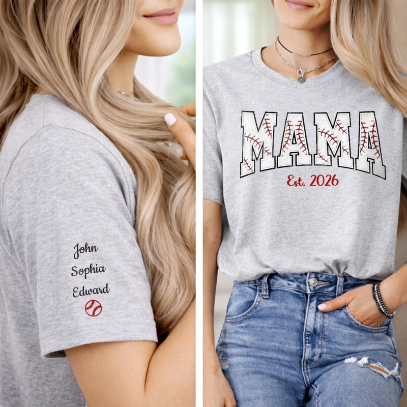 Custom Unisex T-Shirt With Design On Sleeve - Personalized Mother's Day Birthday Gifts For Mom, Grandma - Baseball Mama Mode On