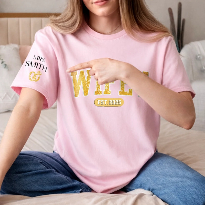 Custom Unisex T-Shirt With Design On Sleeve - Personalized Anniversary Wedding Gifts For Husband And Wife, Him And Her - Officially In My Wife Era