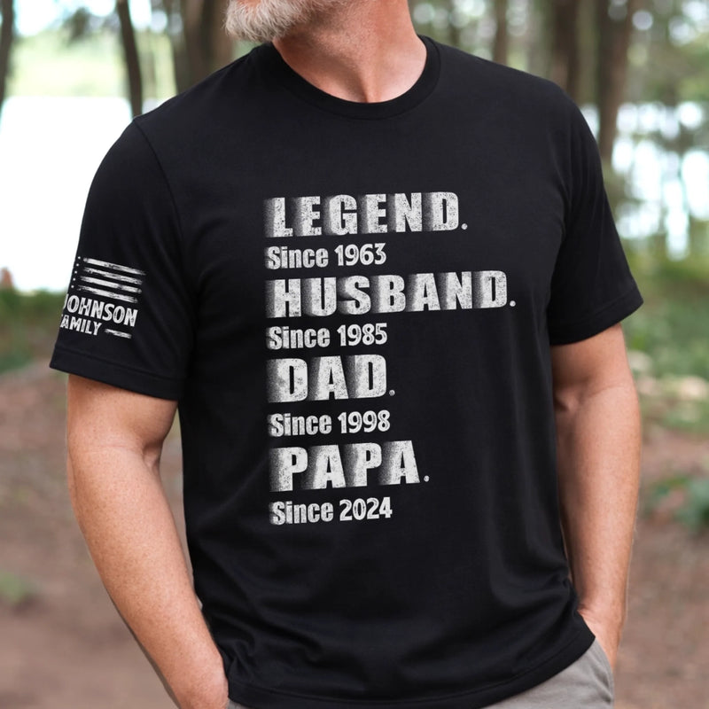 Custom Unisex T-Shirt With Design On Sleeve - Personalized Father's Day Birthday Gifts For Dad, Grandpa - Stepping Into A New Legacy