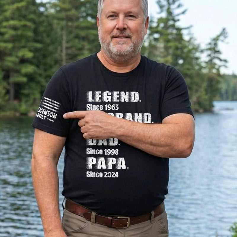 Custom Unisex T-Shirt With Design On Sleeve - Personalized Father's Day Birthday Gifts For Dad, Grandpa - Stepping Into A New Legacy