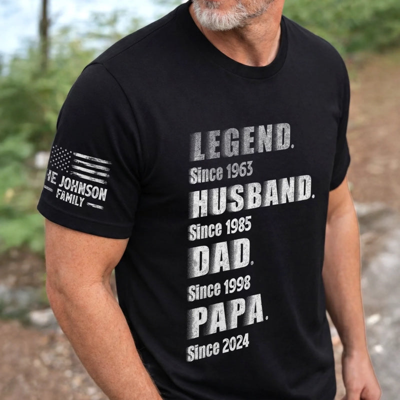 Custom Unisex T-Shirt With Design On Sleeve - Personalized Father's Day Birthday Gifts For Dad, Grandpa - Stepping Into A New Legacy