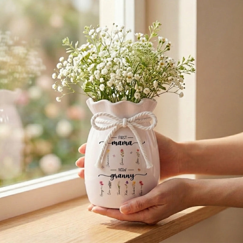 Custom Flower Vase With Ribbon - Personalized Mother's Day Birthday Gifts For Mom, Grandma - Her Love Bloomed Into Generations