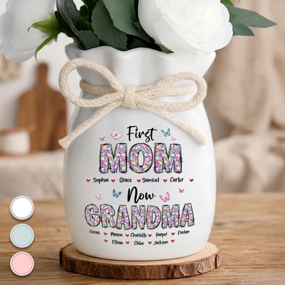 Custom Flower Vase With Ribbon - Personalized Mother's Day Birthday Gifts For Mom, Grandma - Promoted From Mom To Grandma