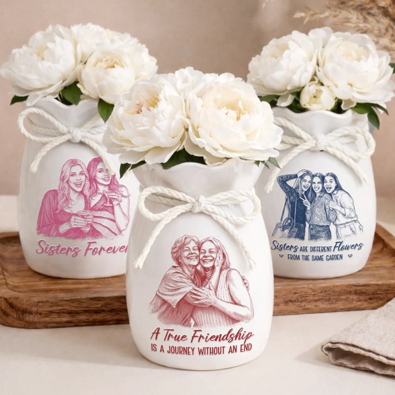 Custom Photo Flower Vase With Ribbon - Personalized Best Friend Birthday Gifts For Women, Besties, Sisters, BFF - The Best Snapshots Start With Sisters
