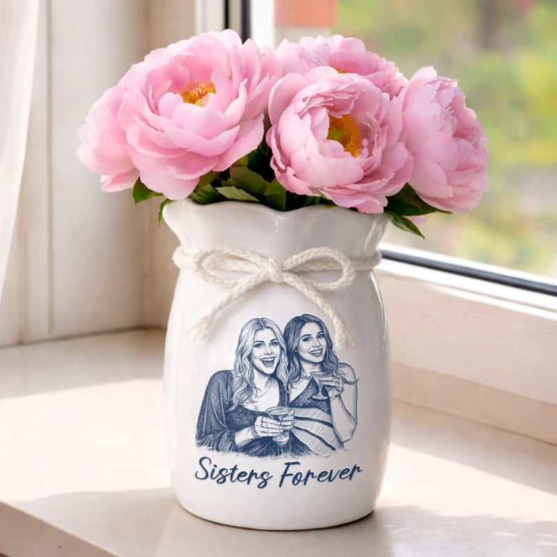 Custom Photo Flower Vase With Ribbon - Personalized Best Friend Birthday Gifts For Women, Besties, Sisters, BFF - The Best Snapshots Start With Sisters