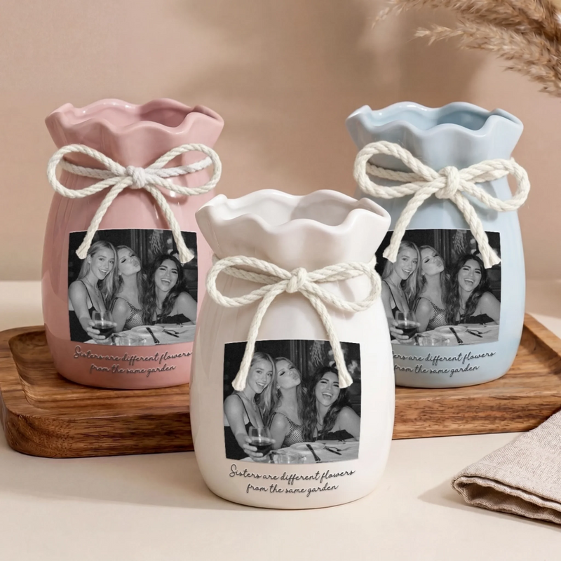 Custom Photo Flower Vase With Ribbon - Personalized Best Friend Birthday Gifts For Women, Besties, Sisters, BFF - We’re Besties Because No One Else Can Handle Us
