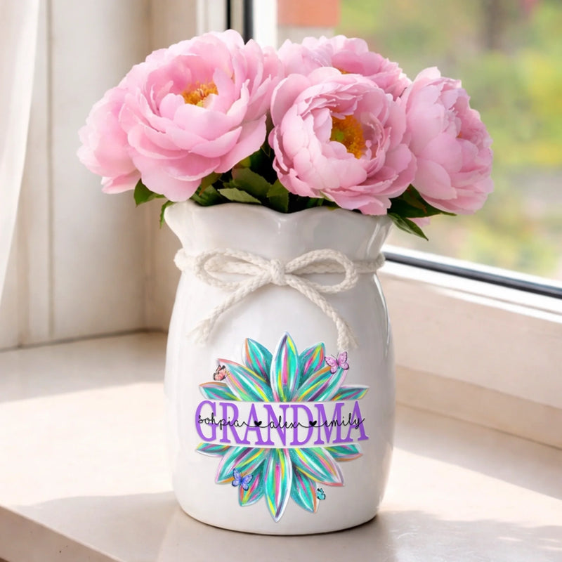Custom Flower Vase With Ribbon - Personalized Mother's Day Birthday Gifts For Mom, Grandma - A Floral Burst Of Grandma Joy