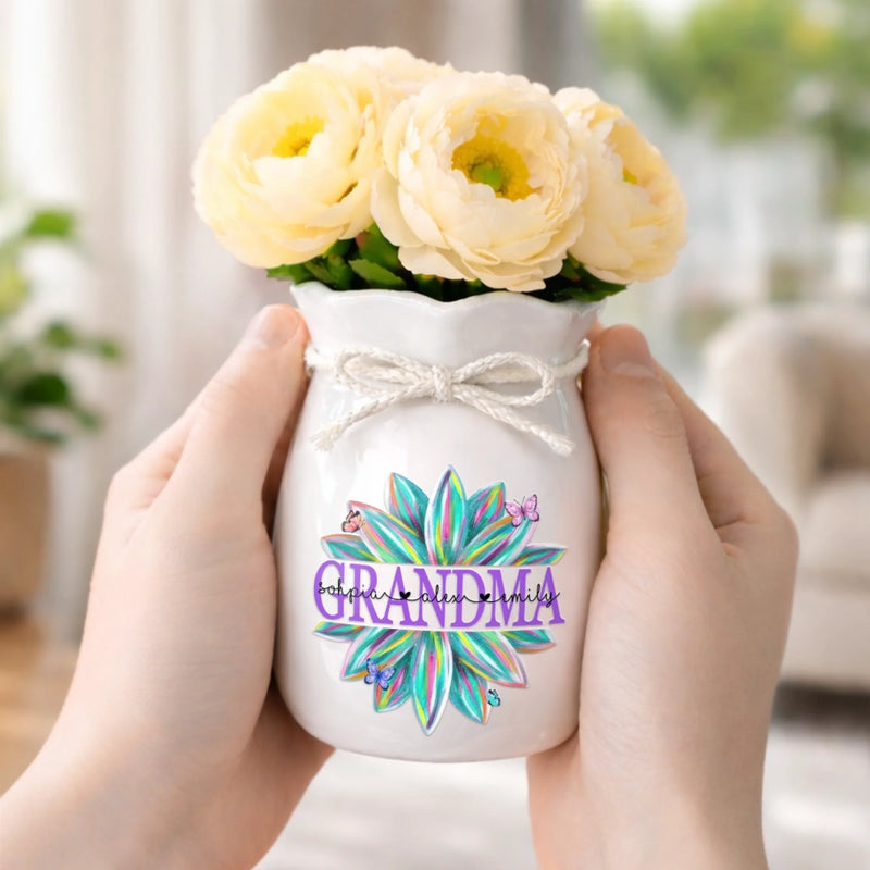 Custom Flower Vase With Ribbon - Personalized Mother's Day Birthday Gifts For Mom, Grandma - A Floral Burst Of Grandma Joy
