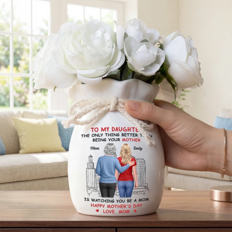Custom Flower Vase With Ribbon - Personalized Mother's Day Birthday Gifts For Daughter - Her Motherhood Is My Joy In Bloom
