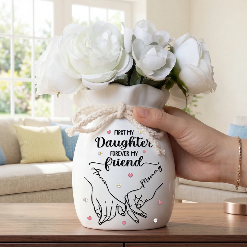 Custom Flower Vase With Ribbon - Personalized Birthday Gifts For Daughter - Daughter First, Best Friend Always