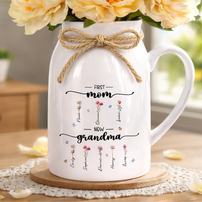 Custom Ceramic Pitcher Flower Vase - Personalized Mother's Day Birthday Gifts For Mom, Grandma - Her Garden Of Love Keeps Blooming