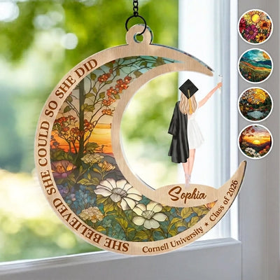 She Believed She Could, So She Did - Family Personalized Window Hanging Suncatcher Ornament - Graduation Gift For Family Members, Siblings, Brothers, Sisters