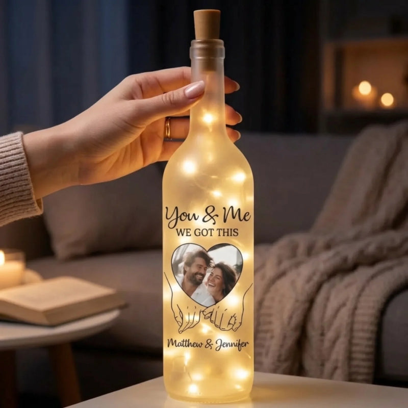 Custom Photo Bottle Lamp - Personalized Anniversary Wedding Gifts For Husband And Wife, Him And Her - Hand In Hand, We Conquer All