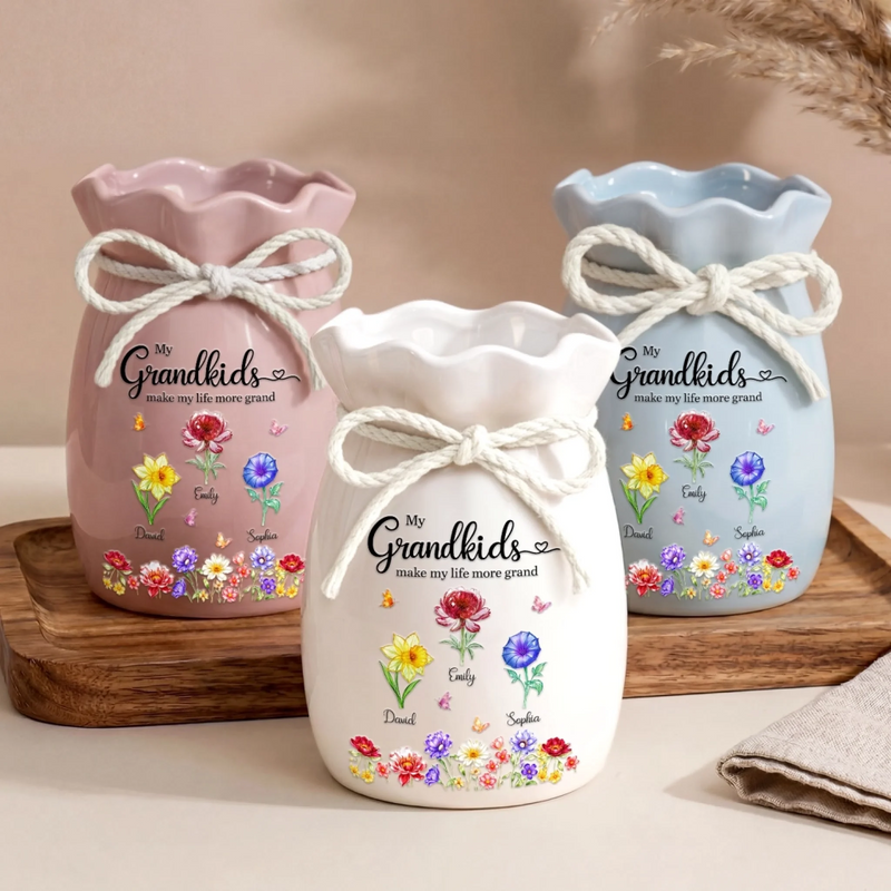 Custom Flower Vase With Ribbon - Personalized Mother's Day Birthday Gifts For Mom, Grandma - Love Grows Wild With Grandkids