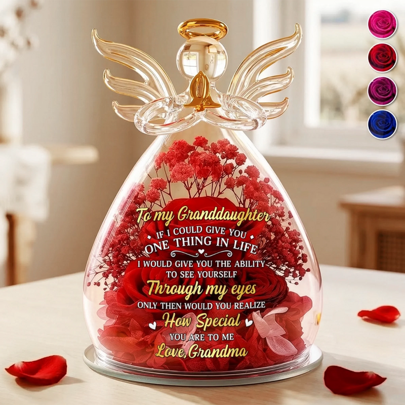 Custom Angel Glass Dome With Preserved Flowers - Personalized Birthday Gifts For Granddaughter - My Sweetest Girl In A World Of Roses