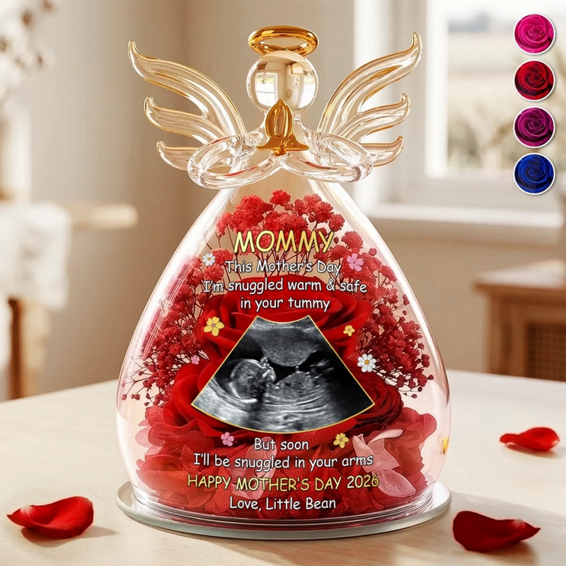 Custom Photo Angel Glass Dome With Preserved Flowers - Personalized Baby Shower, Gender Reveal Gifts For New Moms, Wife, Daughter - First Cuddles Coming Soon