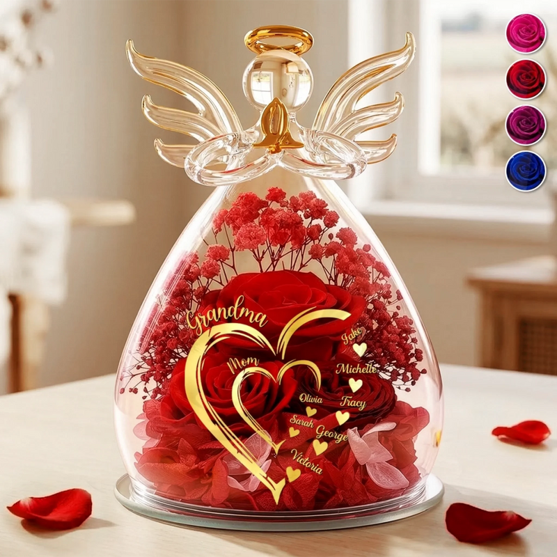 Custom Angel Glass Dome With Preserved Flowers - Personalized Mother's Day Birthday Gifts For Mom, Grandma - Grandma’s Love Blooms Forever