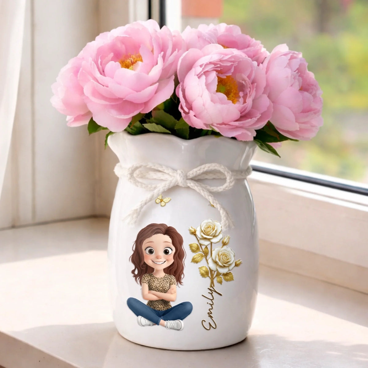 Custom Flower Vase With Ribbon - Personalized Best Friend Birthday Gifts For Women, Besties, Sisters, BFF, Daughter - Just A Girl With Golden Light