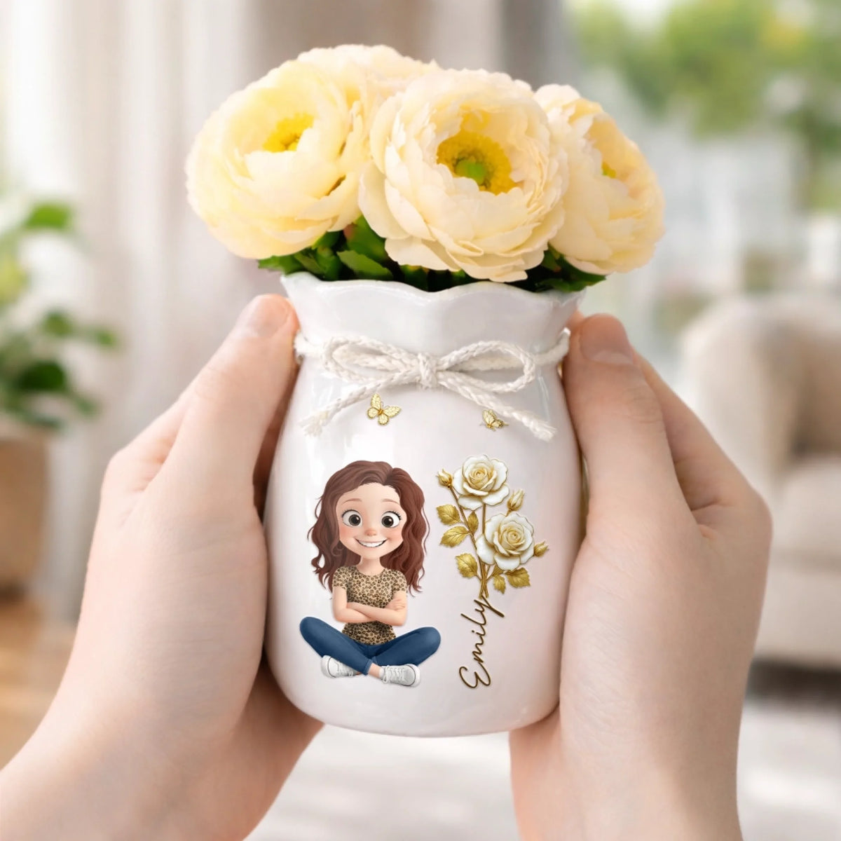 Custom Flower Vase With Ribbon - Personalized Best Friend Birthday Gifts For Women, Besties, Sisters, BFF, Daughter - Just A Girl With Golden Light