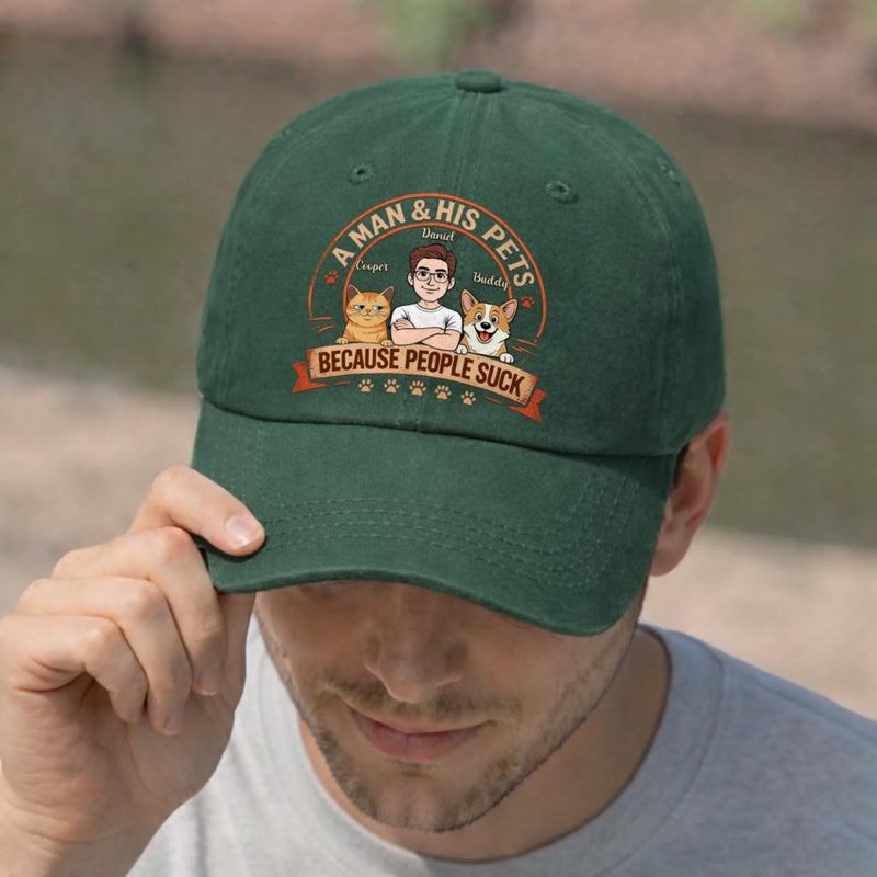Custom Vintage Washed Denim Baseball Cap - Personalized Mother's Day, Father's Day Gifts For Dog Cat Lovers, Dog Dad And Mom, Cat Owners - Love Grows With Paws