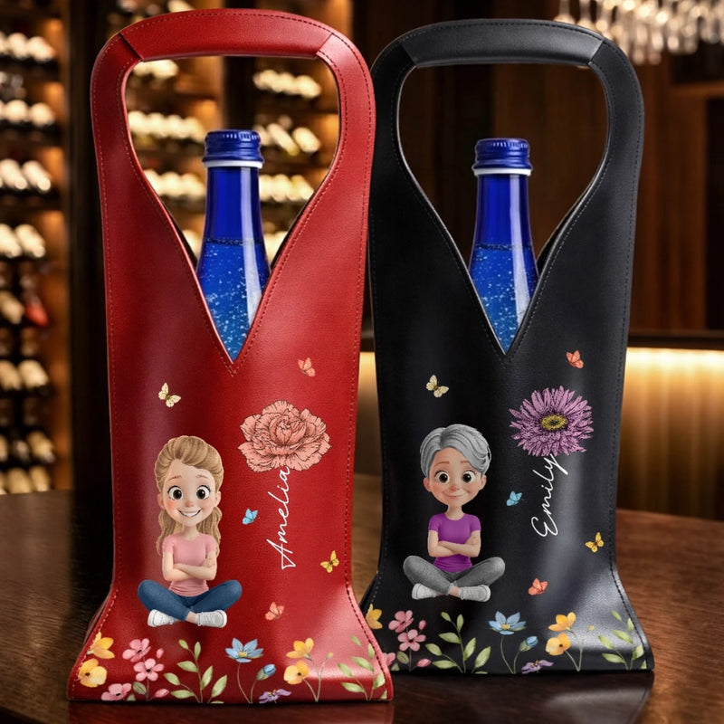 Custom Leather Wine Bag - Personalized Best Friend Birthday Gifts For Women, Besties, Sisters, BFF - Our Bond In Full Bloom