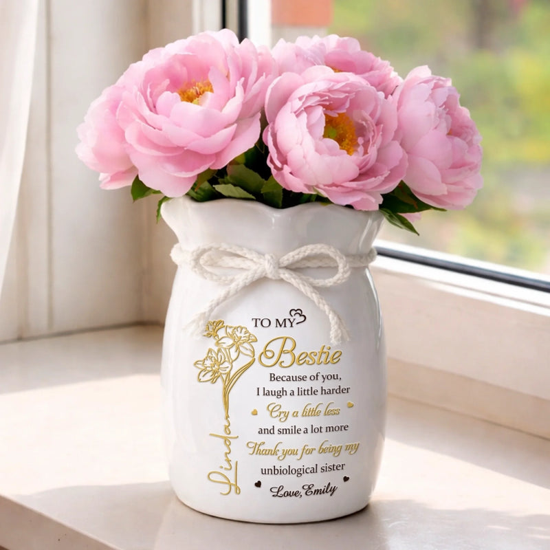 Custom Flower Vase With Ribbon - Personalized Best Friend Birthday Gifts For Women, Besties, Sisters, BFF - My Unbiological Sister Forever
