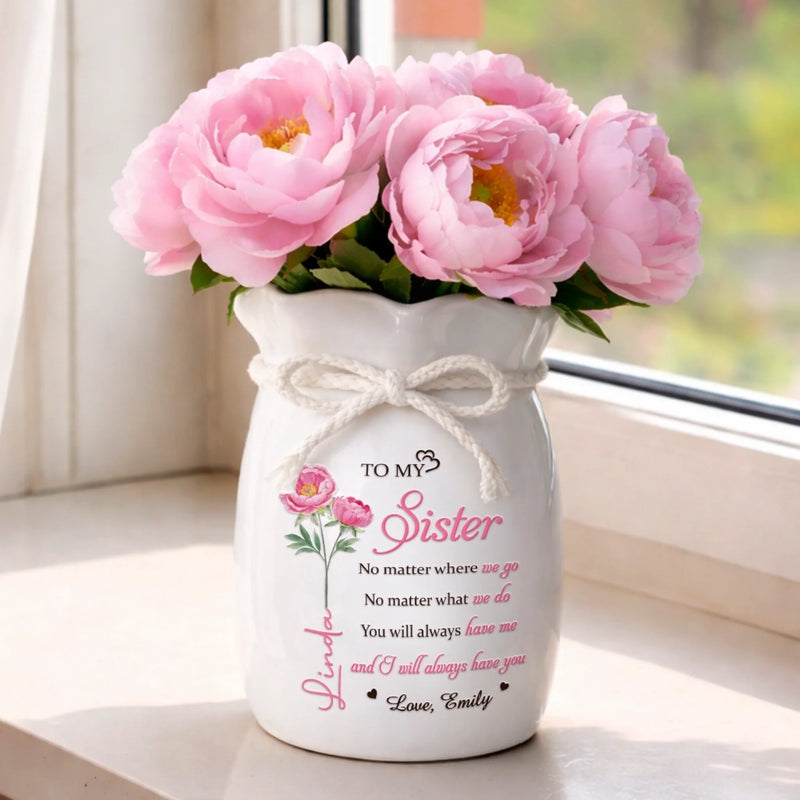 Custom Flower Vase With Ribbon - Personalized Best Friend Birthday Gifts For Women, Besties, Sisters, BFF - A Sister’s Love Stays Forever