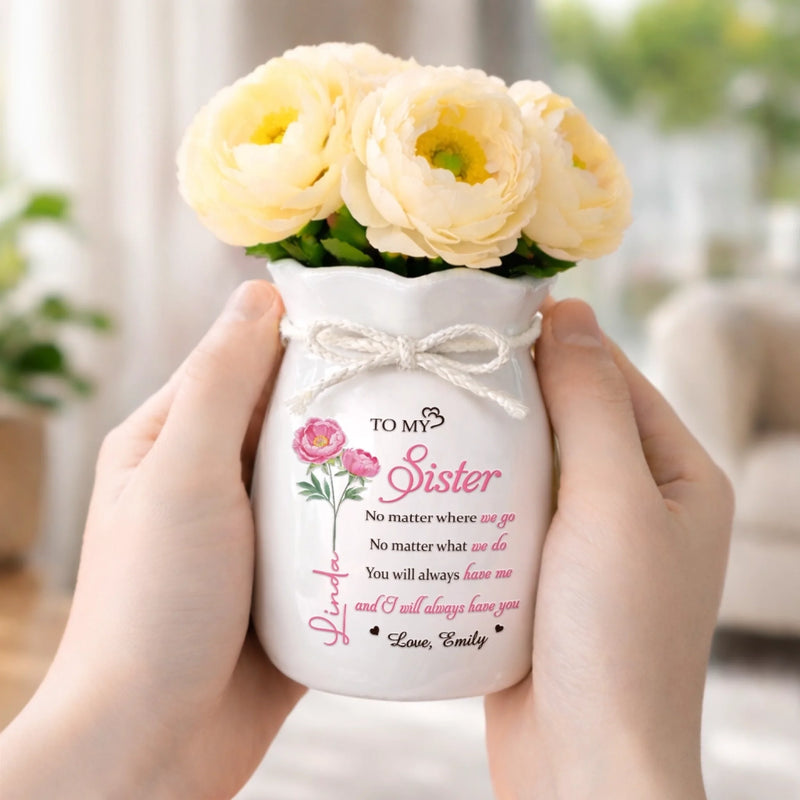 Custom Flower Vase With Ribbon - Personalized Best Friend Birthday Gifts For Women, Besties, Sisters, BFF - A Sister’s Love Stays Forever