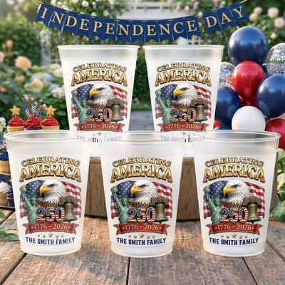 Custom Plastic Cups - Personalized America 250th Anniversary Gifts For Mom, Dad, Brother, Sister, Kids - Built on Strength & Pride