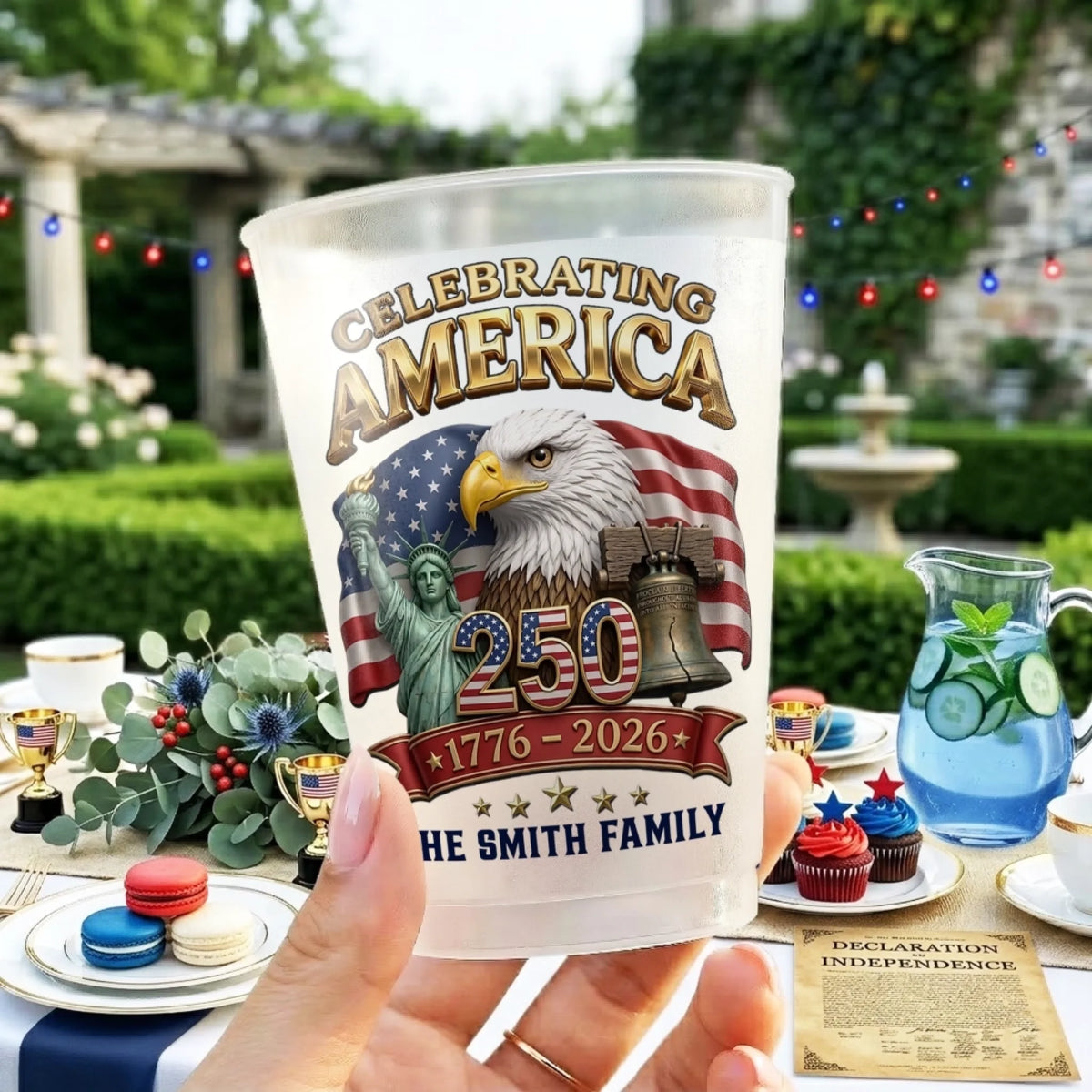 Custom Party Cups - Personalized America 250th Anniversary Gifts For Mom, Dad, Brother, Sister, Kids - Built on Strength & Pride