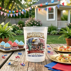 Custom Party Cups - Personalized America 250th Anniversary Gifts For Mom, Dad, Brother, Sister, Kids - Built on Strength & Pride