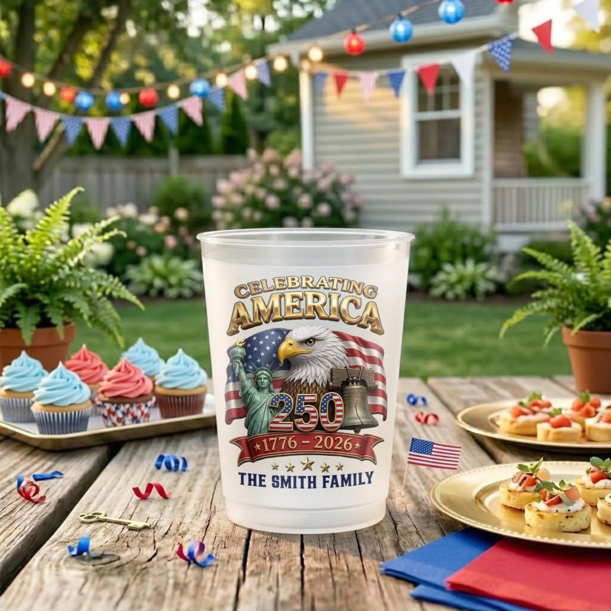 Custom Party Cups - Personalized America 250th Anniversary Gifts For Mom, Dad, Brother, Sister, Kids - Built on Strength & Pride