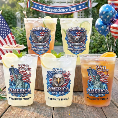 Custom Plastic Cups - Personalized America 250th Anniversary Gifts For Mom, Dad, Brother, Sister, Kids - Cheers To 250 Years America