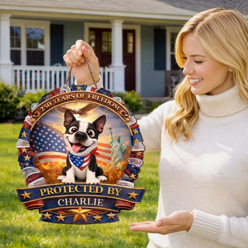 Custom Wood Sign - Personalized America 250th Anniversary Gifts For Dog Lovers, Dog Dad And Mom - Home Of Freedom And Happy Dogs