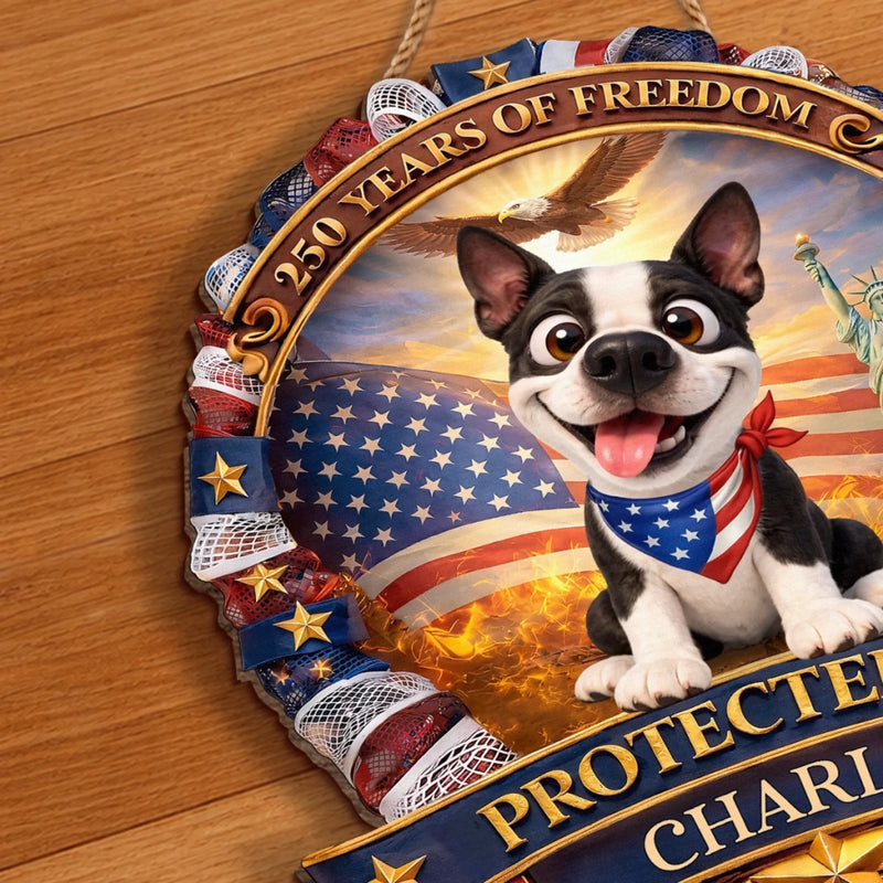 Custom Wood Sign - Personalized America 250th Anniversary Gifts For Dog Lovers, Dog Dad And Mom - Home Of Freedom And Happy Dogs