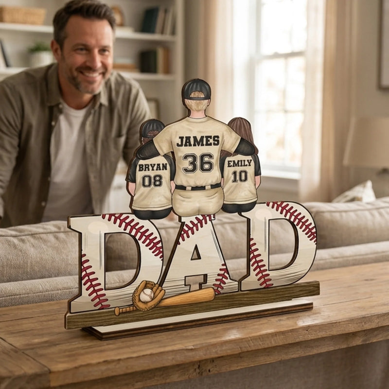Our Favorite Position, Right Beside Dad - Family Personalized Custom Shaped 2-Layered Wooden Plaque With Flat Stand - Father's Day, House Warming Gift For Dad, Sport Lovers, Sport Players