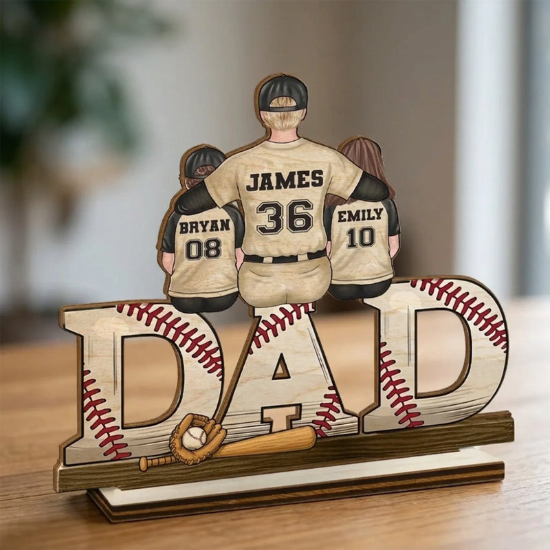 Our Favorite Position, Right Beside Dad - Family Personalized Custom Shaped 2-Layered Wooden Plaque With Flat Stand - Father's Day, House Warming Gift For Dad, Sport Lovers, Sport Players