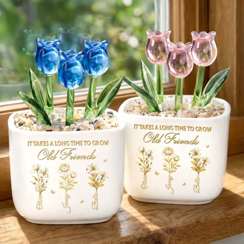 Custom Glass Everlasting Tulips - Personalized Best Friend Birthday Gifts For Women, Besties, Sisters, BFF -  Old Friends Are Forever Gold