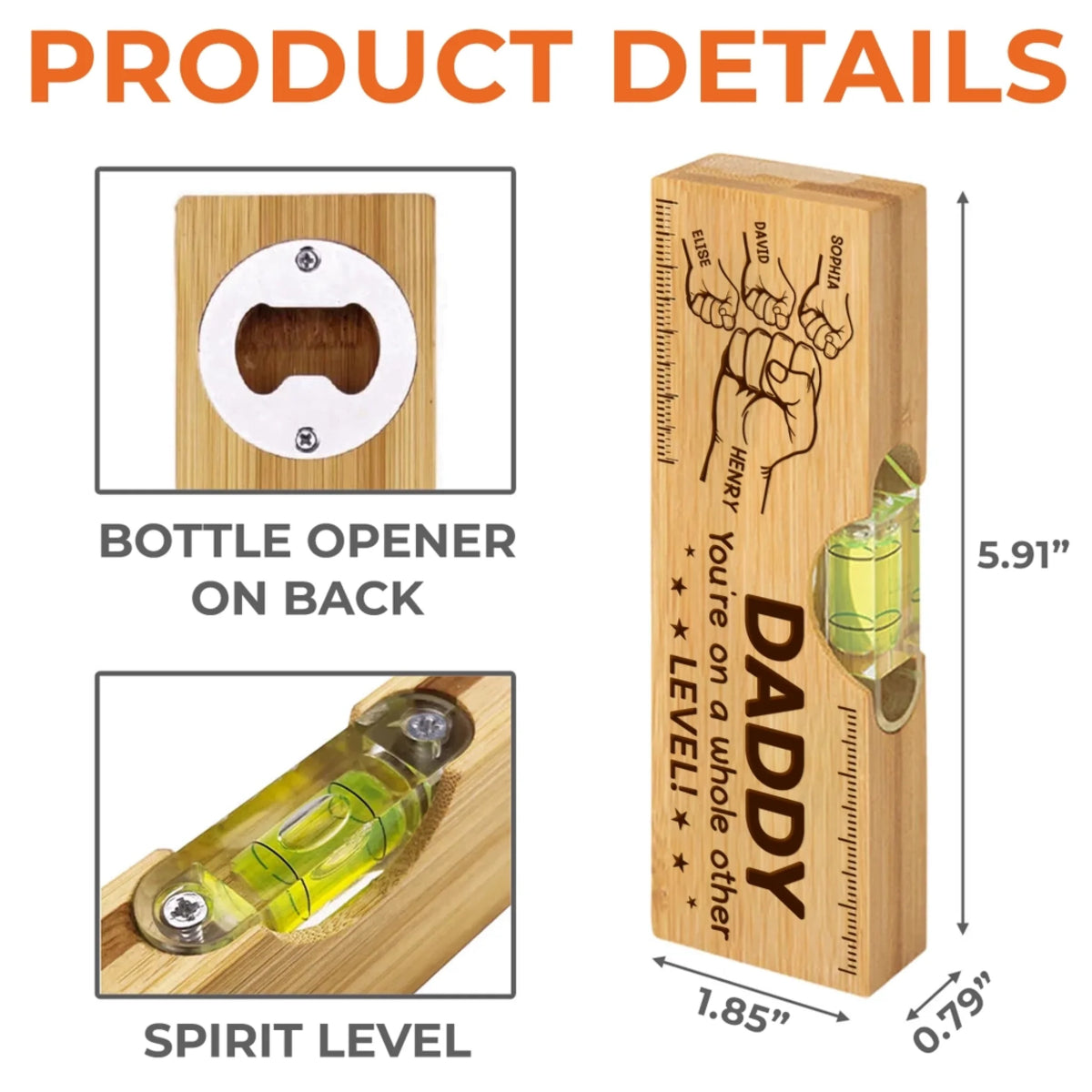 Custom Wooden Bottle Opener With Built-in Spirit Level - Personalized Father's Day Birthday Gifts For Dad, Grandpa - Dad Level Always Perfect