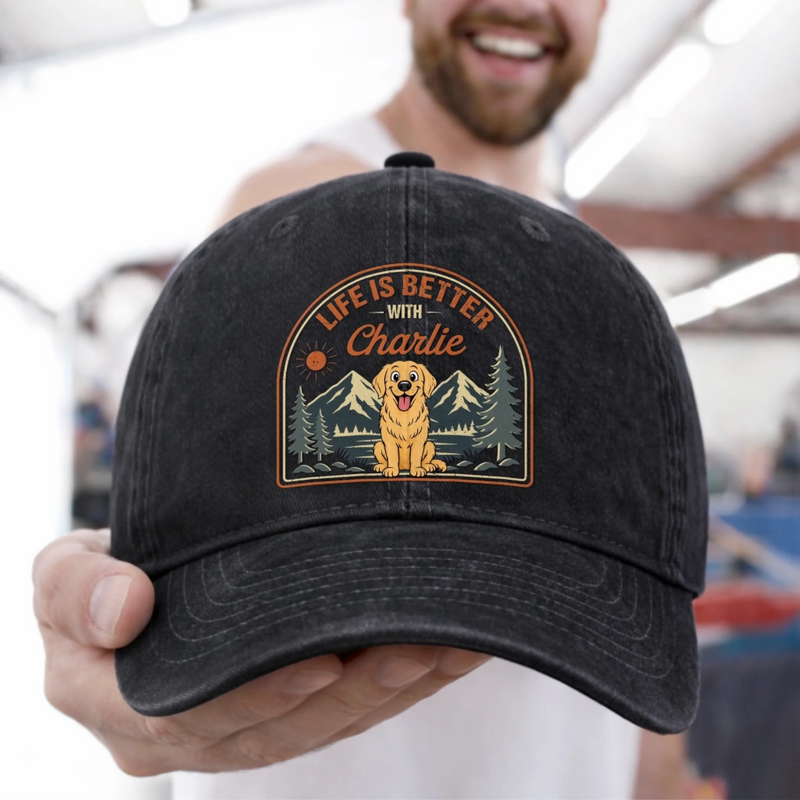 Custom Vintage Washed Denim Baseball Cap - Personalized Father's Day Gifts For Dog Lovers, Dog Dad And Mom - Dog Walks, Mountain Talks