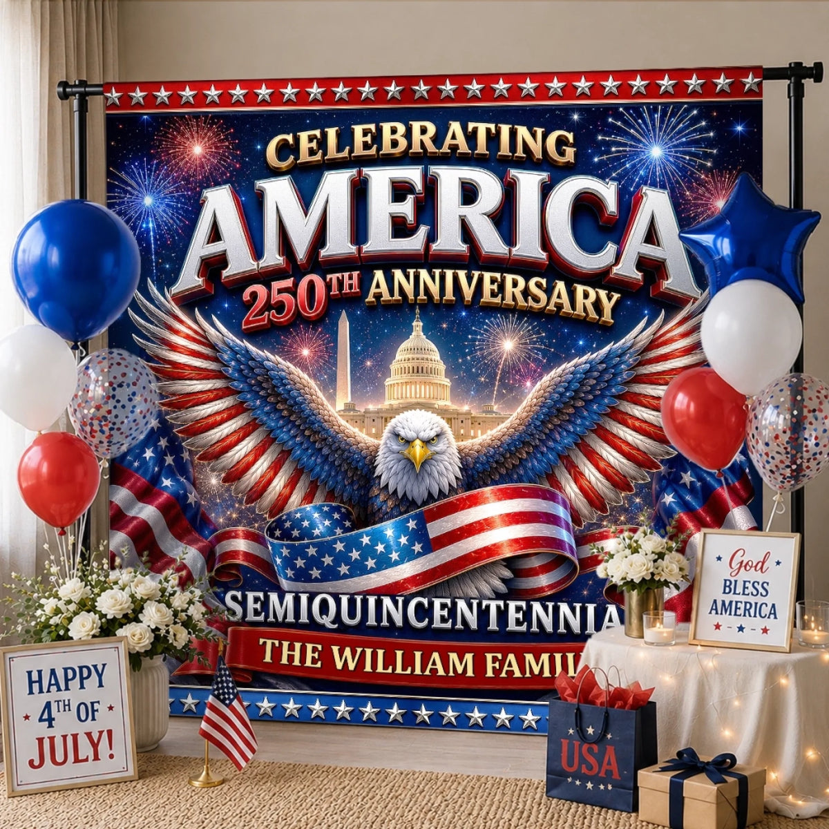 Custom Backdrop - Personalized America 250th Anniversary Gifts For Mom, Dad, Brother, Sister, Kids - Backyard Party, Patriotic Edition