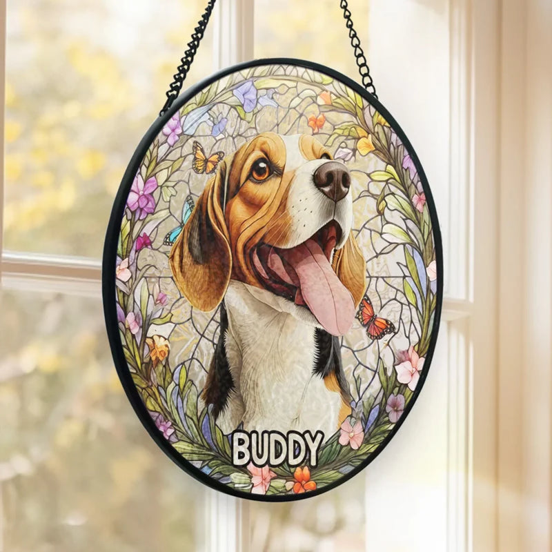 Custom Photo Forever In My Heart, Dear Friend - Memorial Personalized Custom Stained Glass Window Hanging Suncatcher - Sympathy Gift For Pet Owners, Pet Lovers