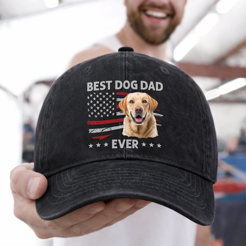 Custom Photo Vintage Washed Denim Baseball Cap - Personalized Father's Day Birthday Gifts For Dog Cat Lovers, Dog Dad And Mom, Cat Owners - Paws, Love, And Fatherhood
