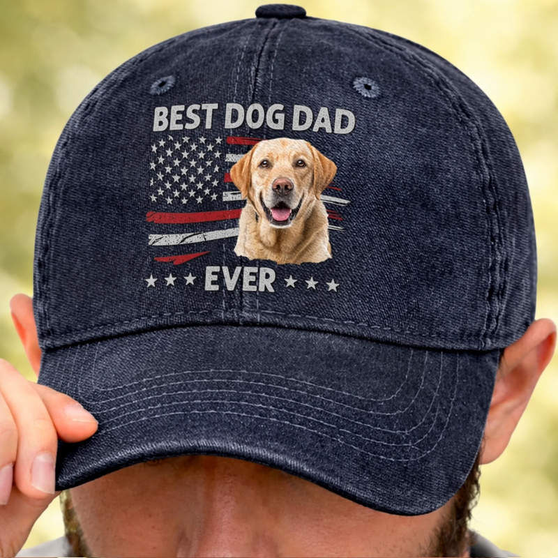 Custom Photo Vintage Washed Denim Baseball Cap - Personalized Father's Day Birthday Gifts For Dog Cat Lovers, Dog Dad And Mom, Cat Owners - Paws, Love, And Fatherhood