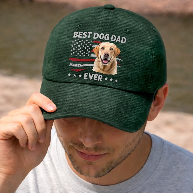 Custom Photo Vintage Washed Denim Baseball Cap - Personalized Father's Day Birthday Gifts For Dog Cat Lovers, Dog Dad And Mom, Cat Owners - Paws, Love, And Fatherhood
